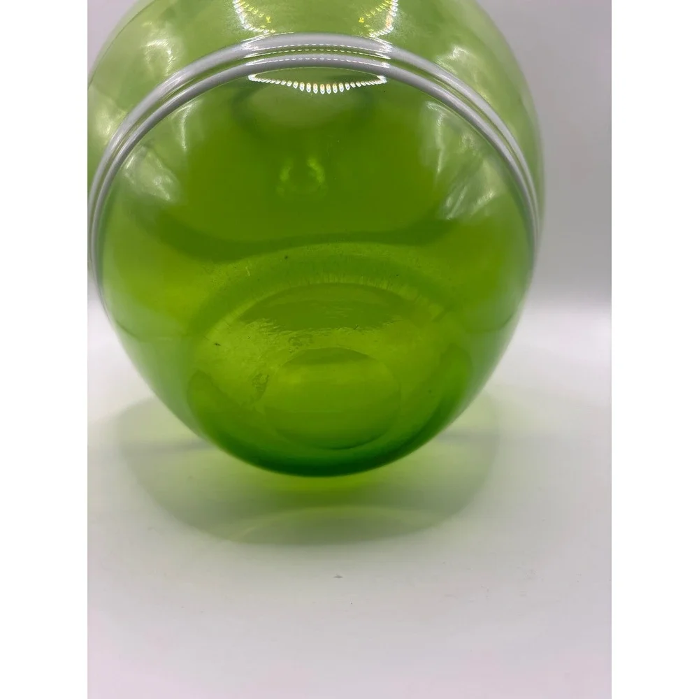 Mid Century Modern Green Art Glass Vase with White Stripes Hand Blown Decor